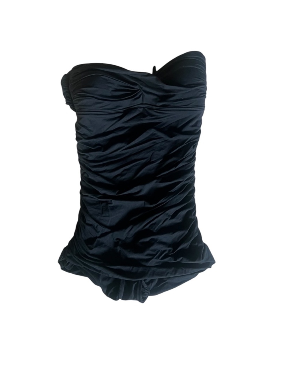 Carmen Marc Valvo Black Strapless Swimsuit, Sz 10, Tie Front Ruched Open Back